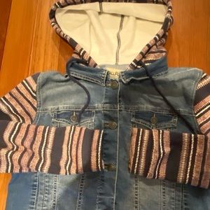 Wallflower Hoodie Jacket Girls XL Blue Denim Layered Stripe Sleeve Hooded Pocket